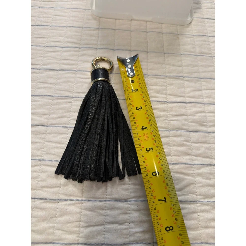 Black Leather Tassel Keychain Gold Tone Bag Charm Fringe Accessory